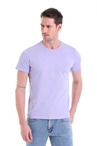 Lila Regular Fit Düz 100% Pamuk Bisiklet Yaka Tişört - Lila - 3