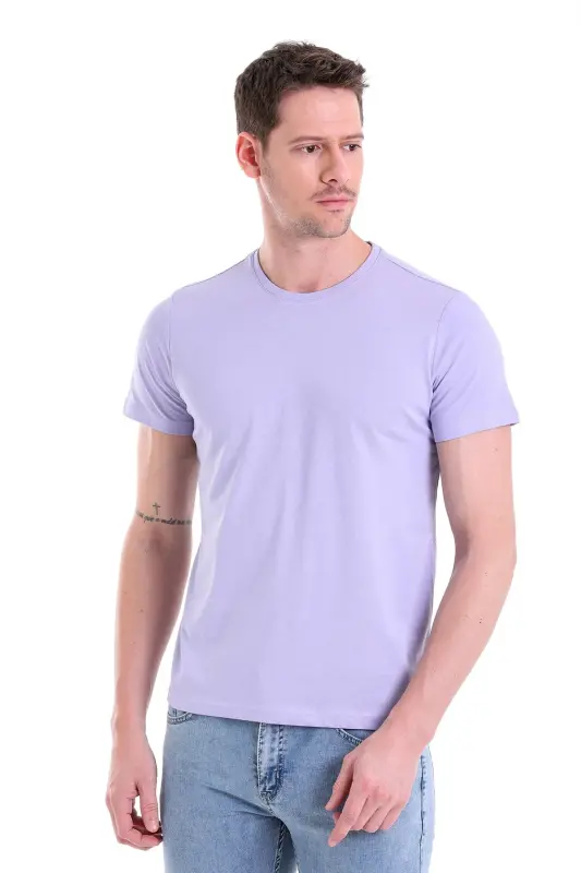 Lila Regular Fit Düz 100% Pamuk Bisiklet Yaka Tişört - Lila - 4