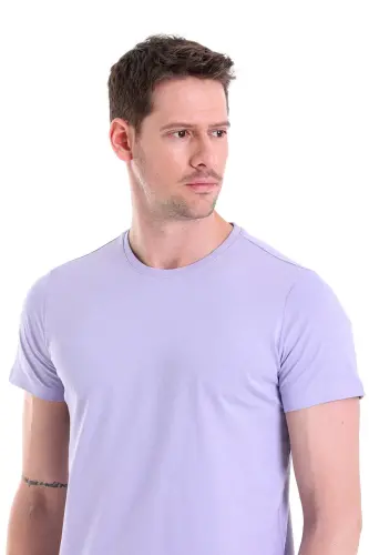 Lila Regular Fit Düz 100% Pamuk Bisiklet Yaka Tişört - Lila - 5