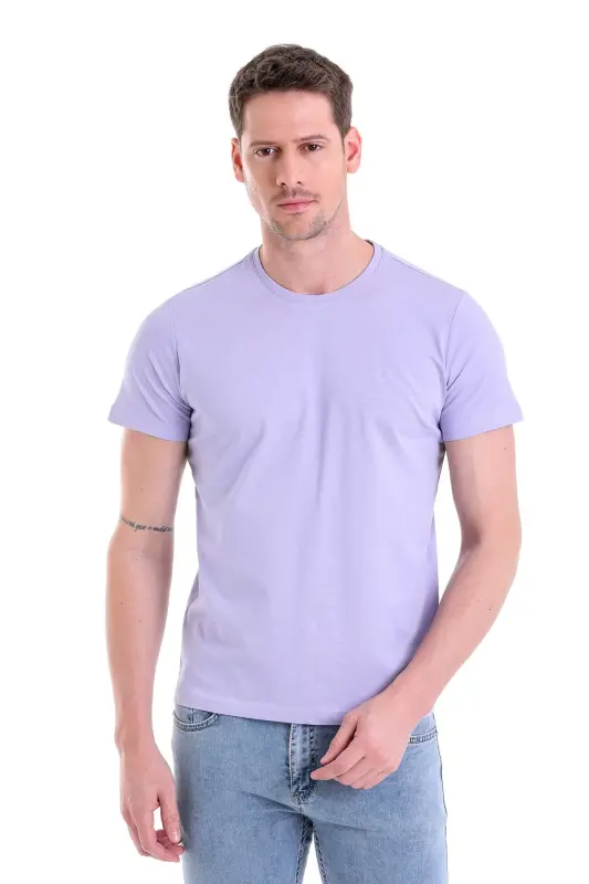 Lila Regular Fit Düz 100% Pamuk Bisiklet Yaka Tişört - Lila - HATEMOĞLU