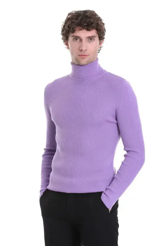 Lila Slim Fit Fitilli Balıkçı Yaka Yünlü Triko Kaz - HATEMOĞLU