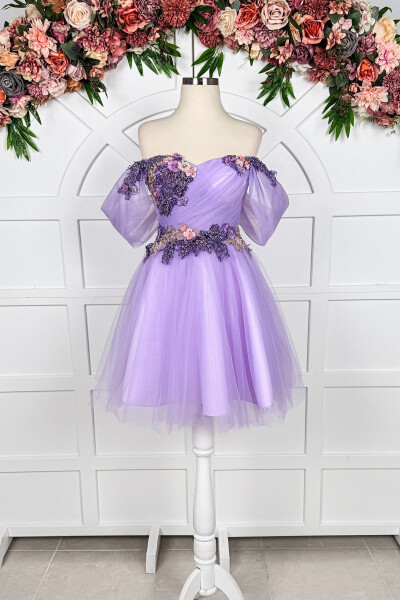 Lilac 3D Lace Detailed Mini Tulle Evening Dress - LENTA MODA