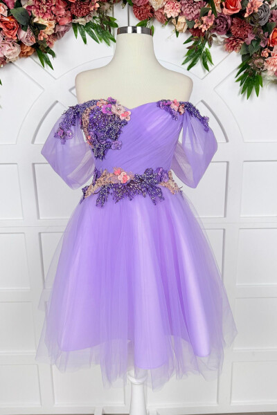 Lilac 3D Lace Detailed Mini Tulle Evening Dress - LENTA MODA (1)