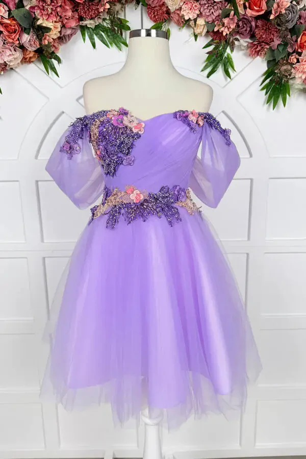 Lilac 3D Lace Detailed Mini Tulle Evening Dress - 2