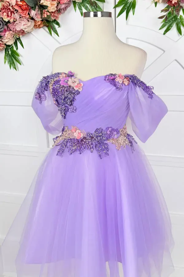 Lilac 3D Lace Detailed Mini Tulle Evening Dress - 3