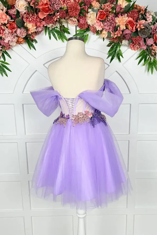 Lilac 3D Lace Detailed Mini Tulle Evening Dress - 4