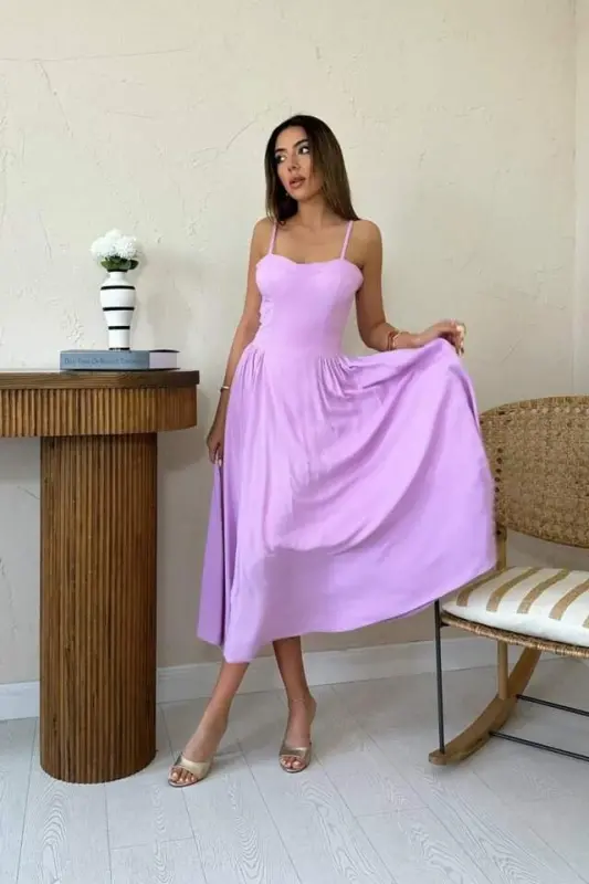 Lilac Bustier Ruched Long Dress - BÜYÜKBEDENIZ