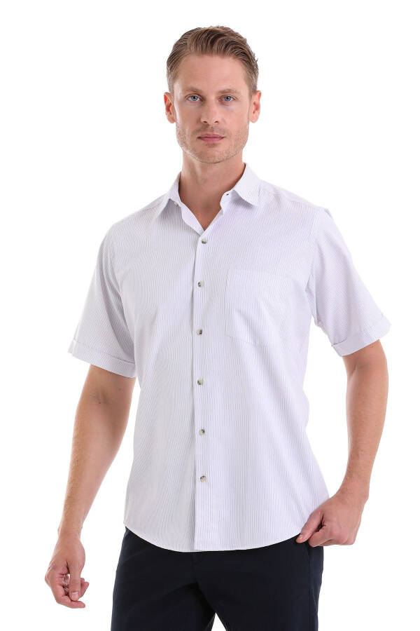 Lilac Classic Fit Striped Cotton Slim Collar Short Sleeve - 4