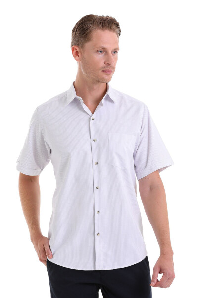 Lilac Classic Fit Striped Cotton Slim Collar Short Sleeve - HATEMOĞLU