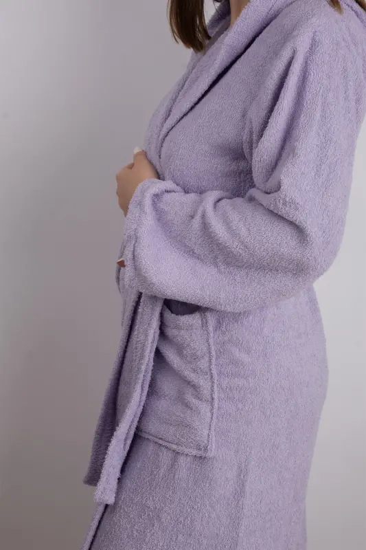 Lilac Color 100% Cotton Boucle Hooded Model Bathrobe (S-M-L-XL-2XL-3XL-4XL) Plus and Oversize - Lilac - 3