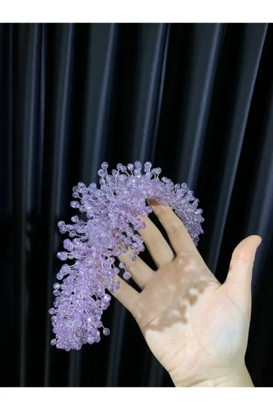 Lilac Color Crystal Beaded Bride Henna Wedding Engagement Crown-Lilac - BEYOĞLU NİŞANTAŞI