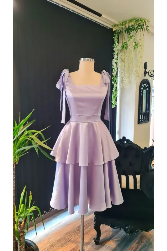 Lilac Color Satin Square Neck, Ruffled Skirt Engagement Prom Graduation Dress with Bowknot on Shoulders-lilac - 2