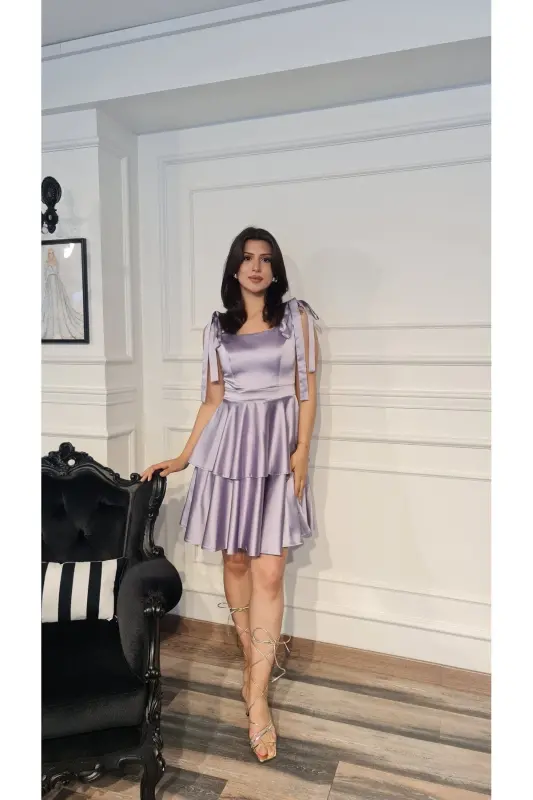 Lilac Color Satin Square Neck, Ruffled Skirt Engagement Prom Graduation Dress with Bowknot on Shoulders-lilac - 4