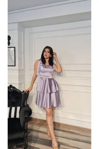 Lilac Color Satin Square Neck, Ruffled Skirt Engagement Prom Graduation Dress with Bowknot on Shoulders-lilac - 5