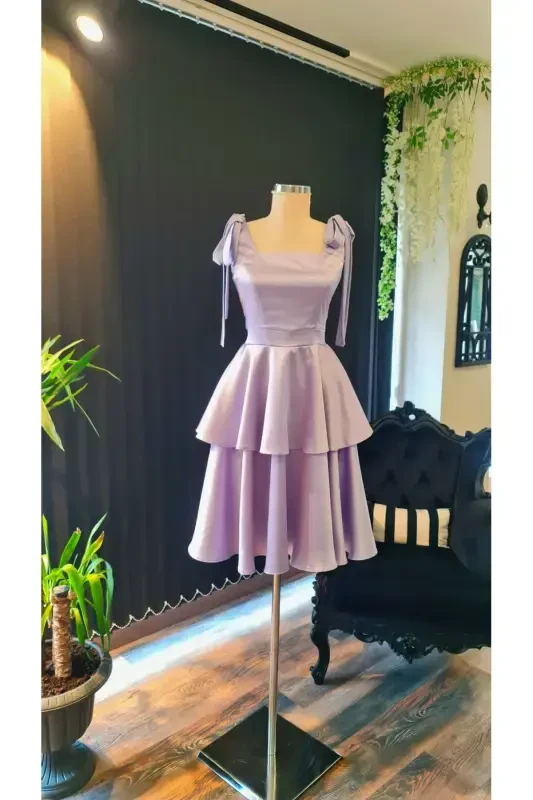 Lilac Color Satin Square Neck, Ruffled Skirt Engagement Prom Graduation Dress with Bowknot on Shoulders-lilac - Modazone