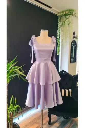 Lilac Color Satin Square Neck, Ruffled Skirt Engagement Prom Graduation Dress with Bowknot on Shoulders-lilac - Modazone (1)