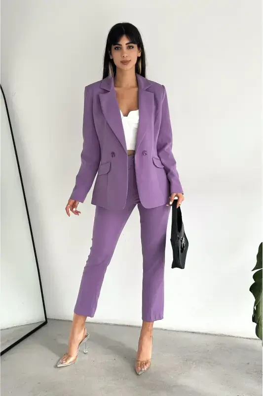 Lilac Crossover Blazer Jacket Carrot Pants Suit - Purple - Modazone