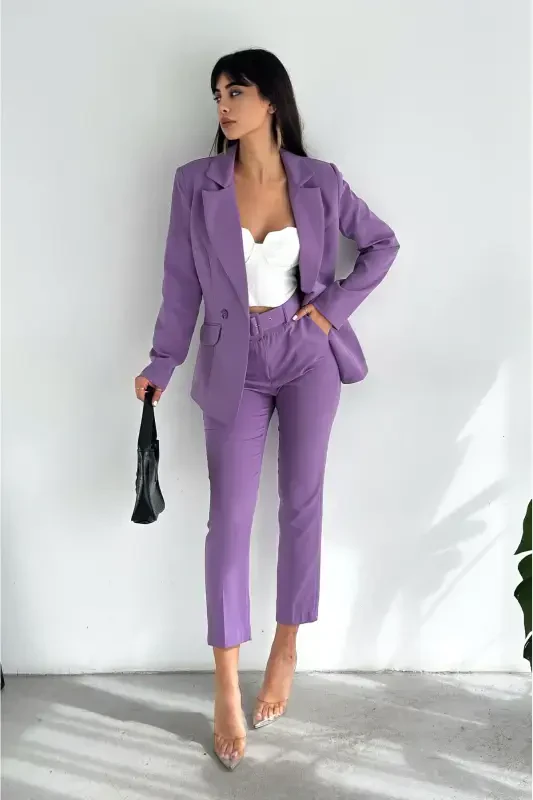Lilac Crossover Blazer Jacket Carrot Pants Suit - Purple - 2