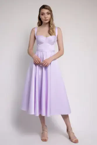 Lilac Midi Satin Evening and Prom Dress-Lilac - 1