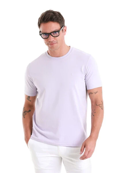 Lilac Regular Fit Plain Crew Neck Cotton Knit T-Shirt - HATEMOĞLU