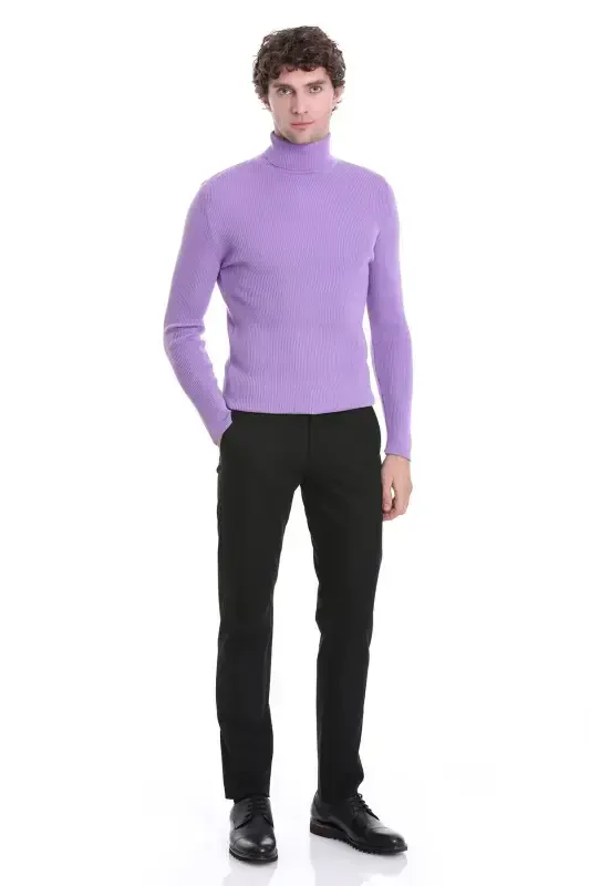 Lilac Slim Fit Ribbed Turtleneck Wool Knit Sweater - 2
