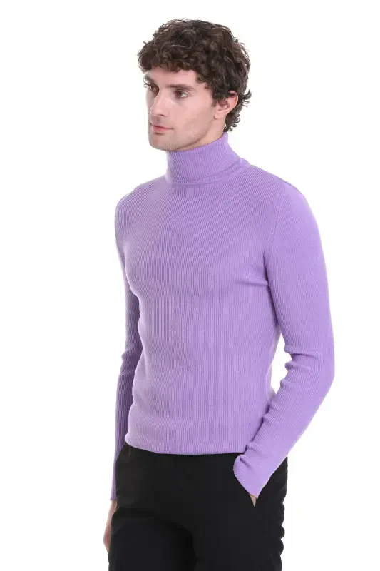 Lilac Slim Fit Ribbed Turtleneck Wool Knit Sweater - 3