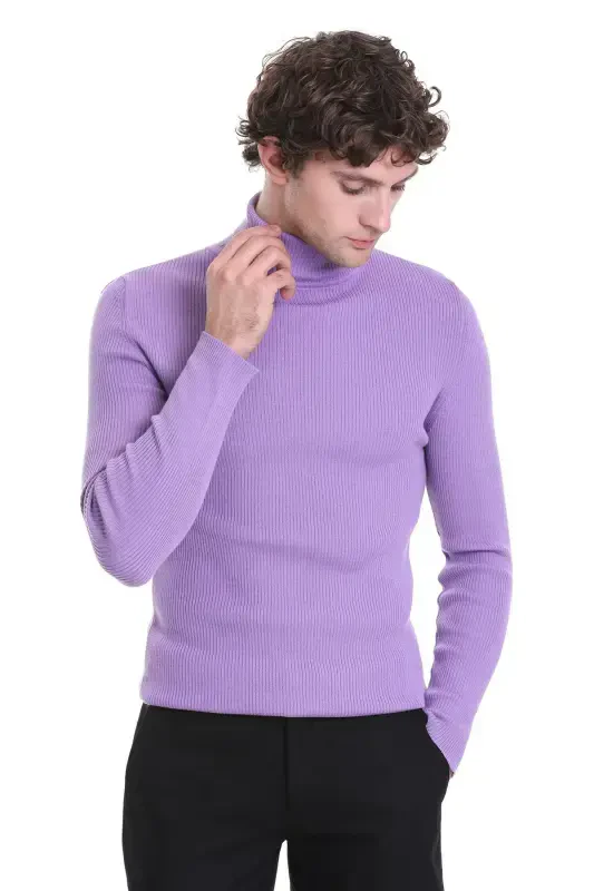 Lilac Slim Fit Ribbed Turtleneck Wool Knit Sweater - 4