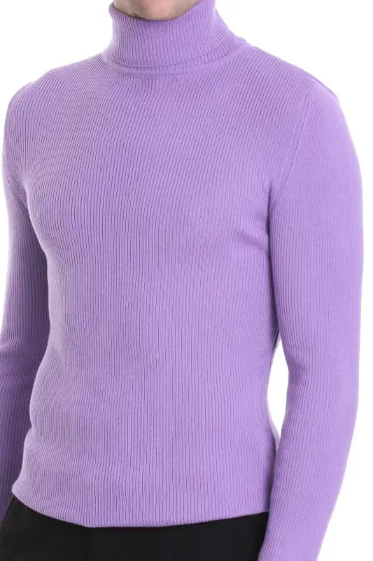 Lilac Slim Fit Ribbed Turtleneck Wool Knit Sweater - 5
