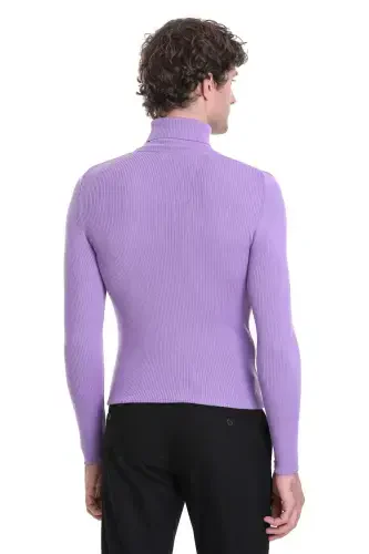 Lilac Slim Fit Ribbed Turtleneck Wool Knit Sweater - 6