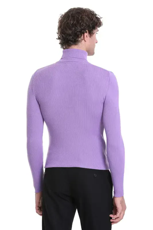 Lilac Slim Fit Ribbed Turtleneck Wool Knit Sweater - 6