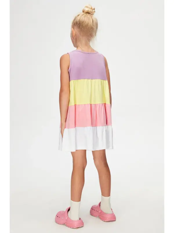 Lilac White Girl Kids Colorful Shirred Strap Dress-Lilac - 2