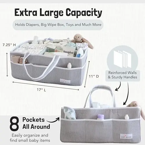 Lily Miles Baby Diaper Caddy - Go'dak o'g'il yoki qiz bola uchun organiser sumkasi - Go'dak dush savatchasi - Bolalar xonasi uchun kerakli narsalar - Ro'yxatga olish sevimlilari - Yangi tug'ilgan chaqaloq uchun Caddie avtomobil sayohati - Kulrang/yalpiz, juda katta - 4