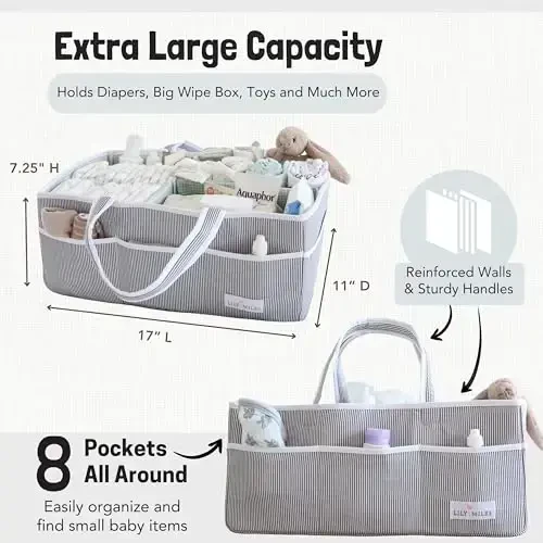 Lily Miles Baby Diaper Caddy - Go'dak o'g'il yoki qiz bola uchun organiser sumkasi - Go'dak dush savatchasi - Bolalar xonasi uchun kerakli narsalar - Ro'yxatga olish sevimlilari - Yangi tug'ilgan chaqaloq uchun Caddie avtomobil sayohati - Kulrang/yalpiz, juda katta - 4