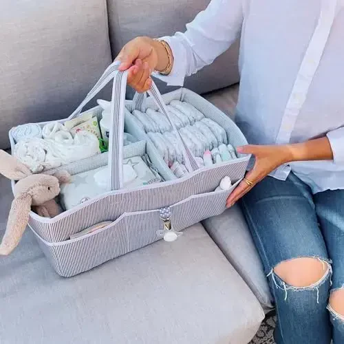 Lily Miles Baby Diaper Caddy - Go'dak o'g'il yoki qiz bola uchun organiser sumkasi - Go'dak dush savatchasi - Bolalar xonasi uchun kerakli narsalar - Ro'yxatga olish sevimlilari - Yangi tug'ilgan chaqaloq uchun Caddie avtomobil sayohati - Kulrang/yalpiz, juda katta - 5