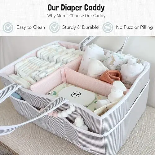 Lily Miles Baby Diaper Caddy - Go'dak uchun tashkilotchi sumkasi - Go'dak dush uchun savat - Bolalar xonasining kerakli narsalari - Ro'yxatga olish sevimlilari - Yangi tug'ilgan chaqaloq Caddie mashinada sayohat qilish - Kulrang/qizg'ish, juda katta - LILY (1)