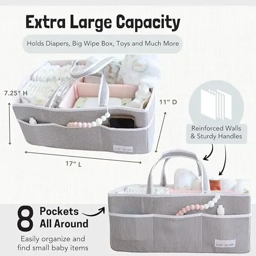 Lily Miles Baby Diaper Caddy - Go'dak uchun tashkilotchi sumkasi - Go'dak dush uchun savat - Bolalar xonasining kerakli narsalari - Ro'yxatga olish sevimlilari - Yangi tug'ilgan chaqaloq Caddie mashinada sayohat qilish - Kulrang/qizg'ish, juda katta - 4
