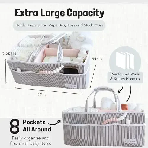 Lily Miles Baby Diaper Caddy - Organizer Tote Bag for Baby Girl Essentials - Baby Shower Basket - Nursery Must Haves - Registry Favorites - Newborn Caddie Car Travel - Gray/Blush, Extra Large - 4