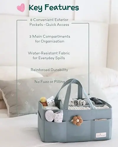 Lily Miles Baby Diaper Caddy Organizer, Wipeable Diaper Organizer Basket with 8 Pockets for Newborn Essentials, Nursery Tote Bag for Changing Table & Car Organization (Willow Green, Large) - 4
