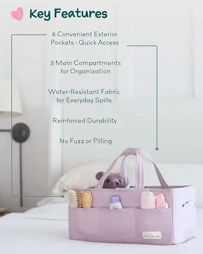 Lily Miles Baby Diaper Caddy Organizer, Yangi tug'ilgan chaqaloq uchun 8 ta cho'ntagi bo'lgan, silinadigan taglik tashkilotchisi savati, chaqaloqni dush sovg'alari, almashtirish stoli yoki mashina uchun bolalar xonasi sumkasi (Rosy Lilac, Large) - 3