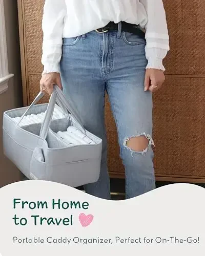 Lily Miles Baby Diaper Caddy Organizer, Yangi tug'ilgan chaqaloq uchun 8 ta cho'ntagi bo'lgan, silinadigan taglik tashkilotchisi savati, chaqaloqni dush sovg'alari, almashtirish stoli yoki mashina uchun bolalar xonasi sumkasi (Rosy Lilac, Large) - 6