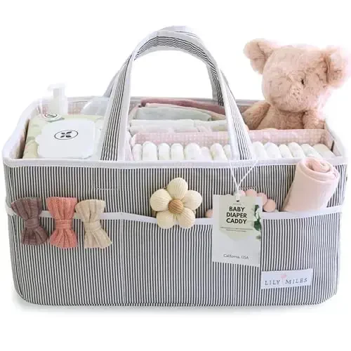 Lily Miles Baby Diaper Caddy Organizer, Girl Nursery Storage Basket with 8 Pockets, Baby Organizer and Storage, Easy-to-Clean Fabric, Large, Pink Blush - 1