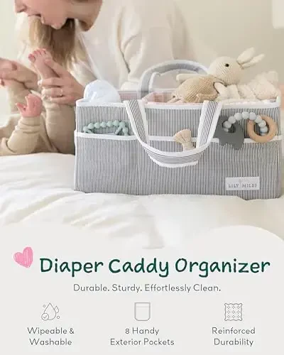 Lily Miles Baby Diaper Caddy Organizer, Girl Nursery Storage Basket with 8 Pockets, Baby Organizer and Storage, Easy-to-Clean Fabric, Large, Pink Blush - 2