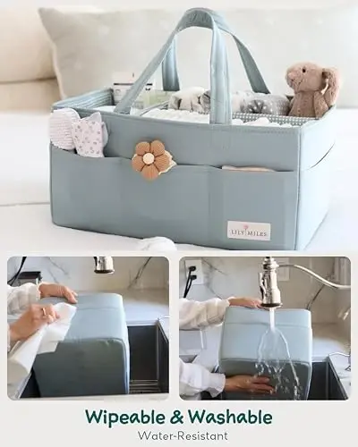 Lily Miles Baby Diaper Caddy Organizer, Wipeable Diaper Organizer Basket with 8 Pockets for Newborn Essentials, Nursery Tote Bag for Changing Table & Car Organization (Willow Green, Large) - 2