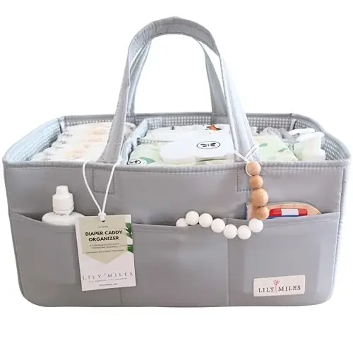 Lily Miles Diaper Caddy Organizer with 8 Pockets, Wipeable Baby Caddy Basket for Diapers and Wipes, Baby Registry Favorites, Nursery Tote Bag for Changing Table or Car (Heather Grey, Large) - LILY