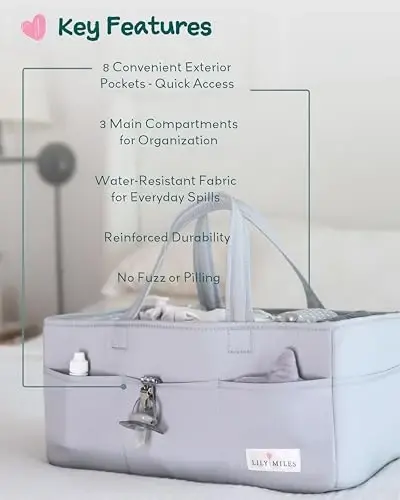 Lily Miles Diaper Caddy Organizer with 8 Pockets, Wipeable Baby Caddy Basket for Diapers and Wipes, Baby Registry Favorites, Nursery Tote Bag for Changing Table or Car (Heather Grey, Large) - 4