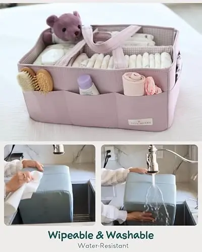 Lily Miles Baby Diaper Caddy Organizer, Wipeable Diaper Organizer Basket with 8 Pockets for Newborn Essentials, Baby Shower Gifts, Nursery Tote Bag for Changing Table or Car (Rosy Lilac, Large) - 4