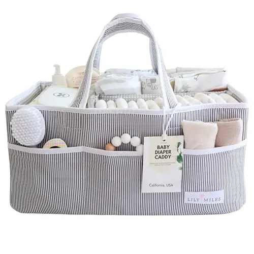 Lily Miles Baby Diaper Caddy Organizer, Baby Shower Basket for Newborn Boys or Girls, Nursery Must Haves for New Mom, Registry Favorites, Large Storage Tote for Changing Table or Car, Gray - 1