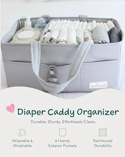 Lily Miles Diaper Caddy Organizer with 8 Pockets, Wipeable Baby Caddy Basket for Diapers and Wipes, Baby Registry Favorites, Nursery Tote Bag for Changing Table or Car (Heather Grey, Large) - LILY (1)