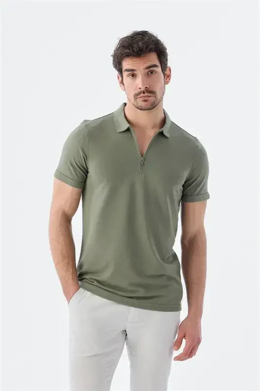 Lime Green Zippered Slim Fit Polo T-Shirt - 1