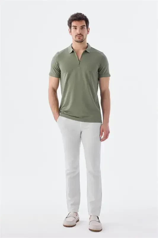 Lime Green Zippered Slim Fit Polo T-Shirt - 2